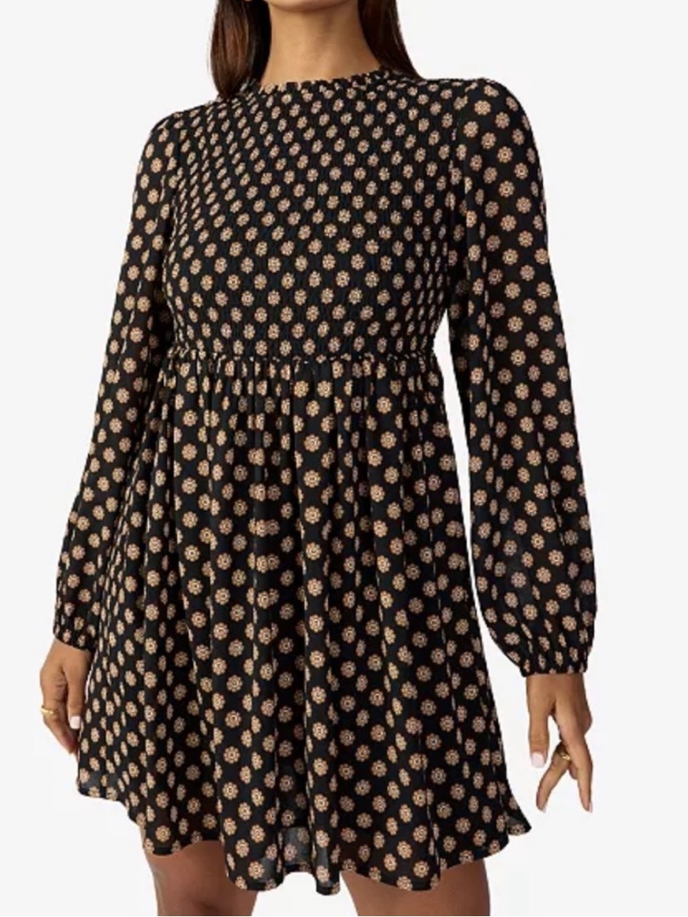 Sanctuary Smocked Black babydoll Dress with Beige and tan Floral Print